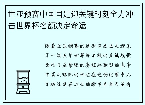 世亚预赛中国国足迎关键时刻全力冲击世界杯名额决定命运
